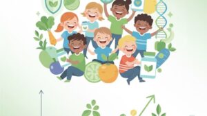 Современная иллюстрация органических витаминов для детей-аллергиков, тренды детского питания 2026 года.