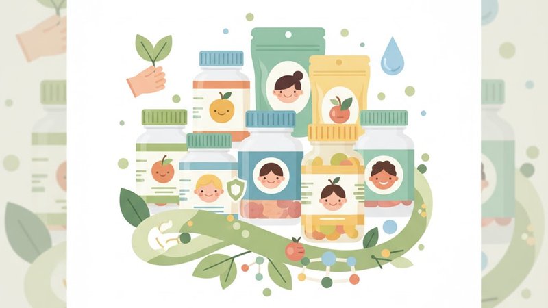 Иллюстрация для статьи о выборе органических витаминов для детей-аллергиков, современный стиль.